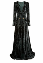 Dark Green Velvet Devore Deep V-Neck Gown