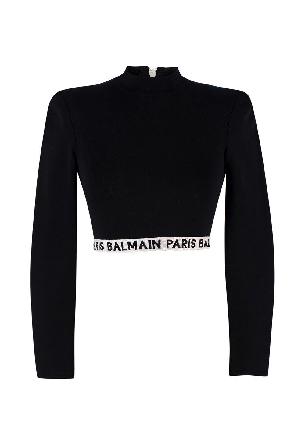 Balmain Black High Neck Cropped Logo Detail Top