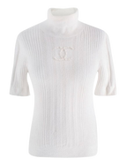 Chanel Faux Pearly and Crystal CC  Short Sleeved Ribbed Knit Top