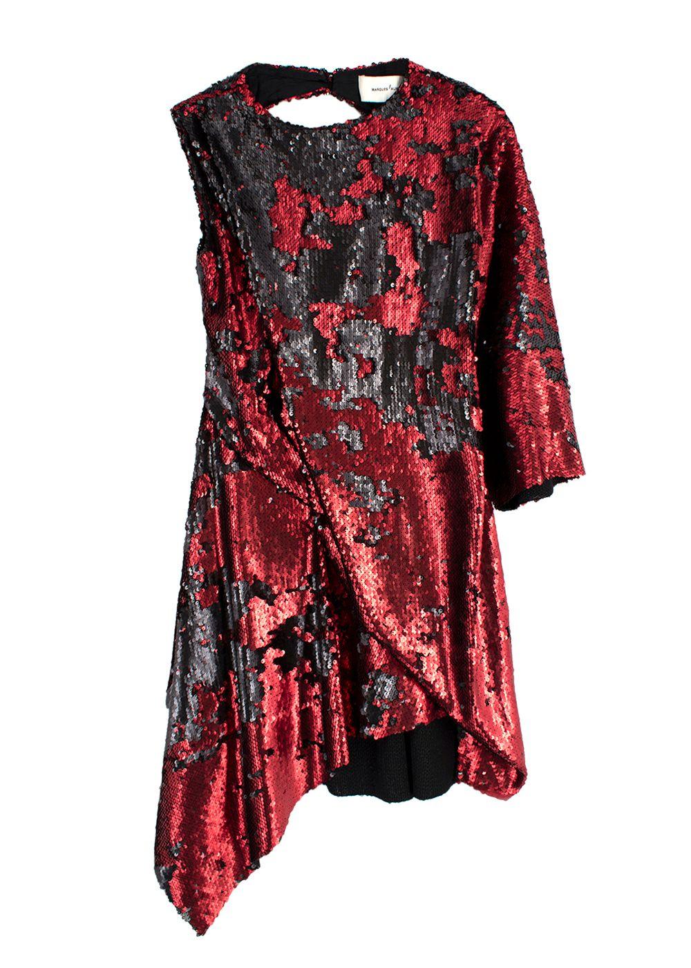 Marques Almeida Black & Red Sequin Asymmetric Mini Dress