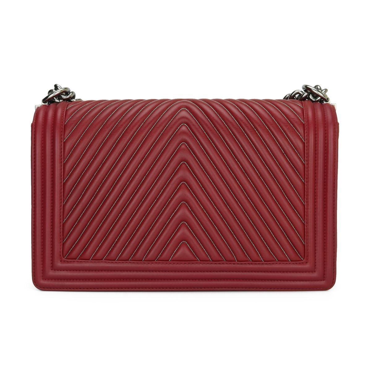 Dark Red Chain-trimmed Chevron Boy Bag