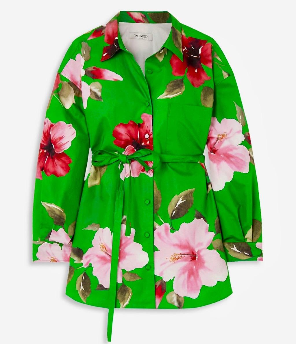Valentino Green Floral Belted Shirt