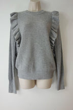 grey ribbed frilled shoulder jumper