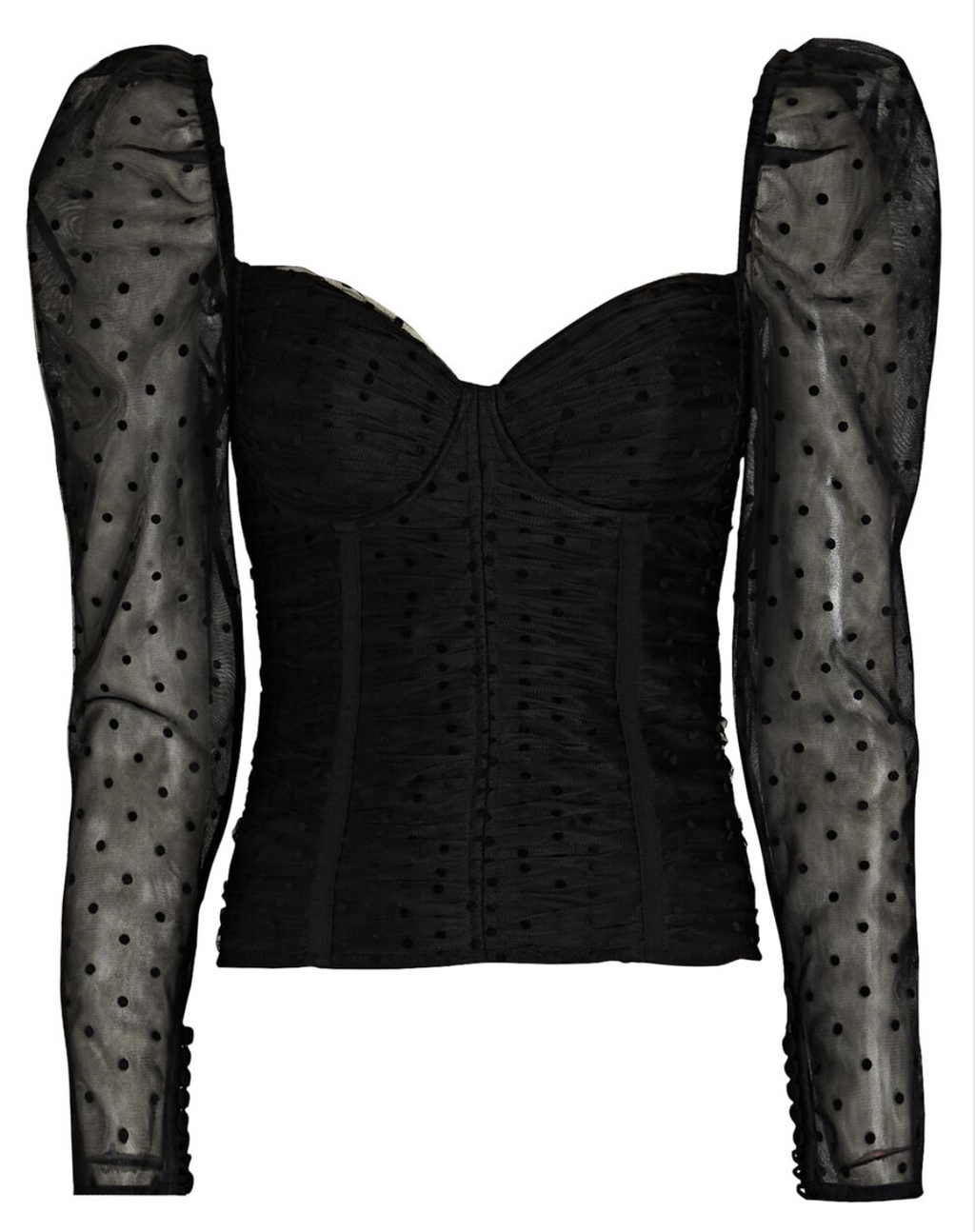 Black Polka-Dot Mesh Long-Sleeve Corset Top