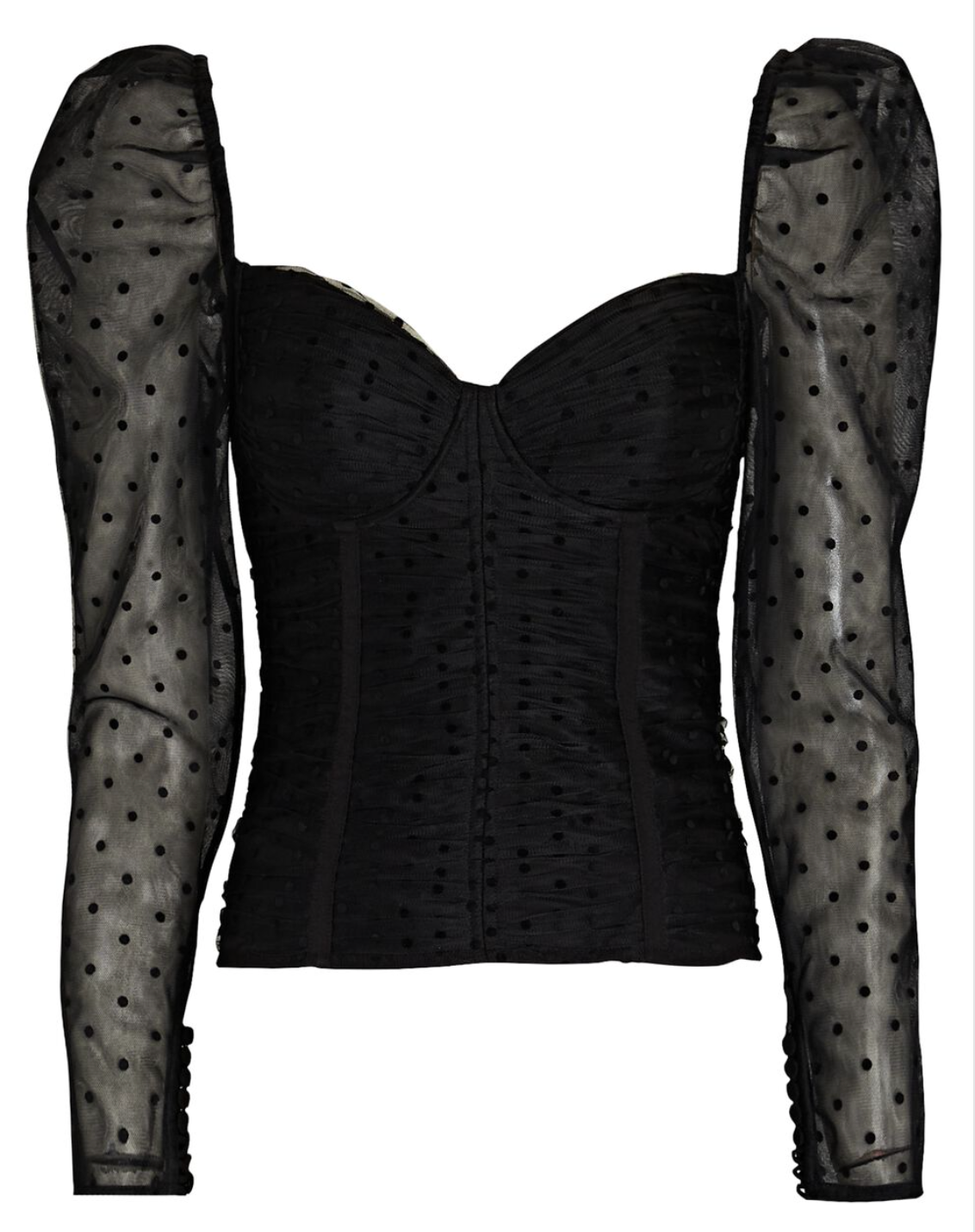 Black Polka-Dot Mesh Long-Sleeve Corset Top