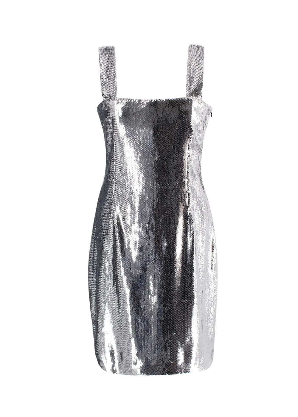 Galvan Silver Sequin Square Neckline Midi Dress