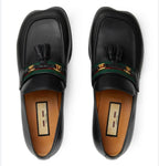 Gucci Black Leather Web Interlocking Loafers