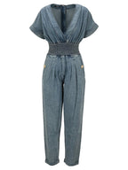 Balmain Blue V-Neck Denim Jumpsuit