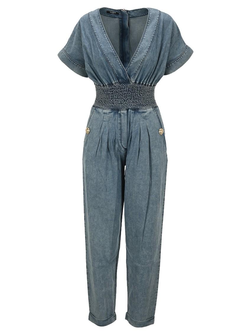 Balmain Blue V-Neck Denim Jumpsuit