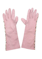 Pearl and Crystal Embellished Pink Leather Gloves