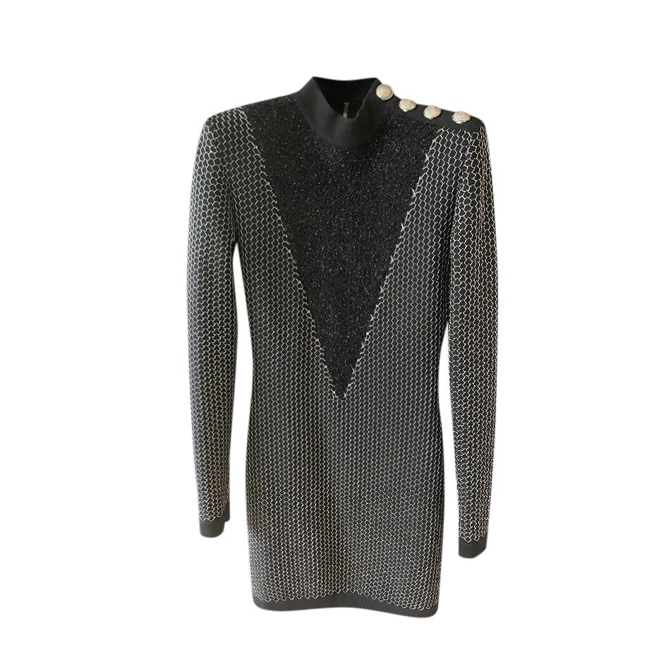 Balmain Black & Silver Fil Coupe Detail Dress