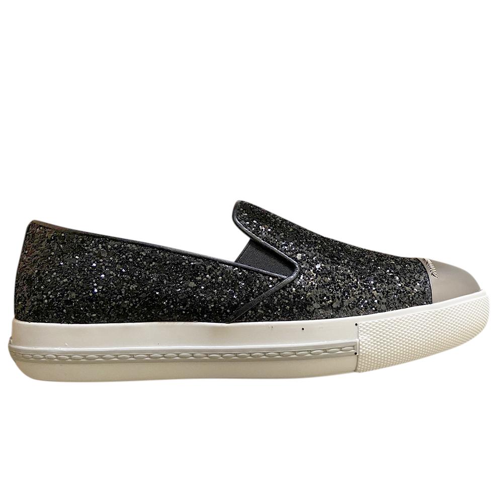 Miu Miu Black Glitter Slip-On Sneakers
