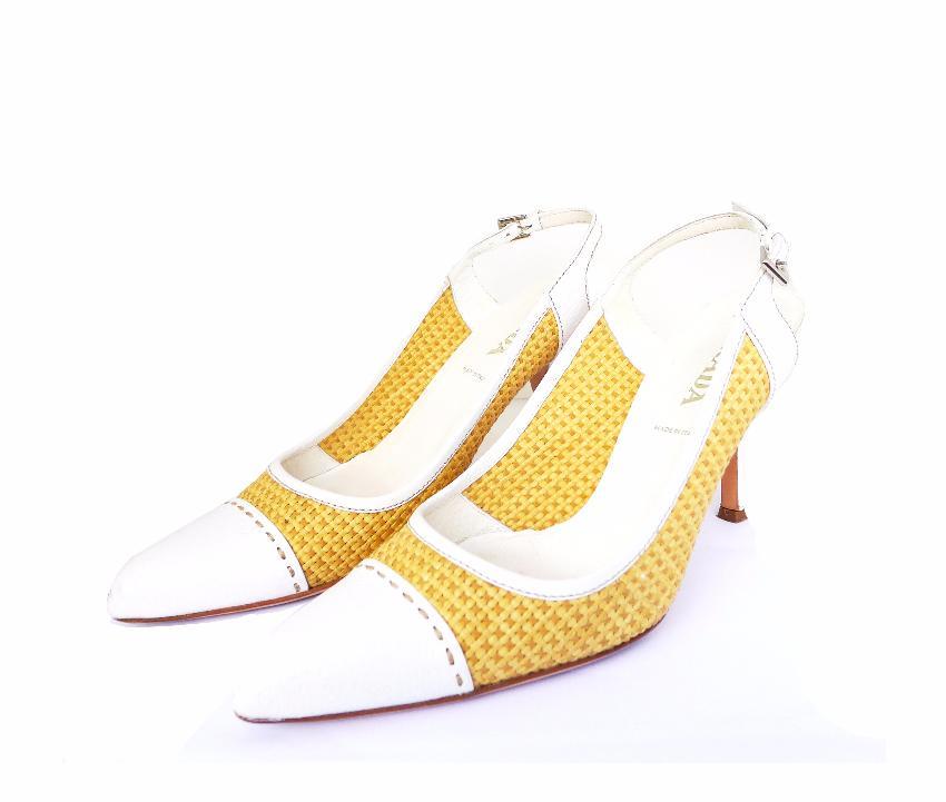 Prada Leather Raffia Slingback Heels