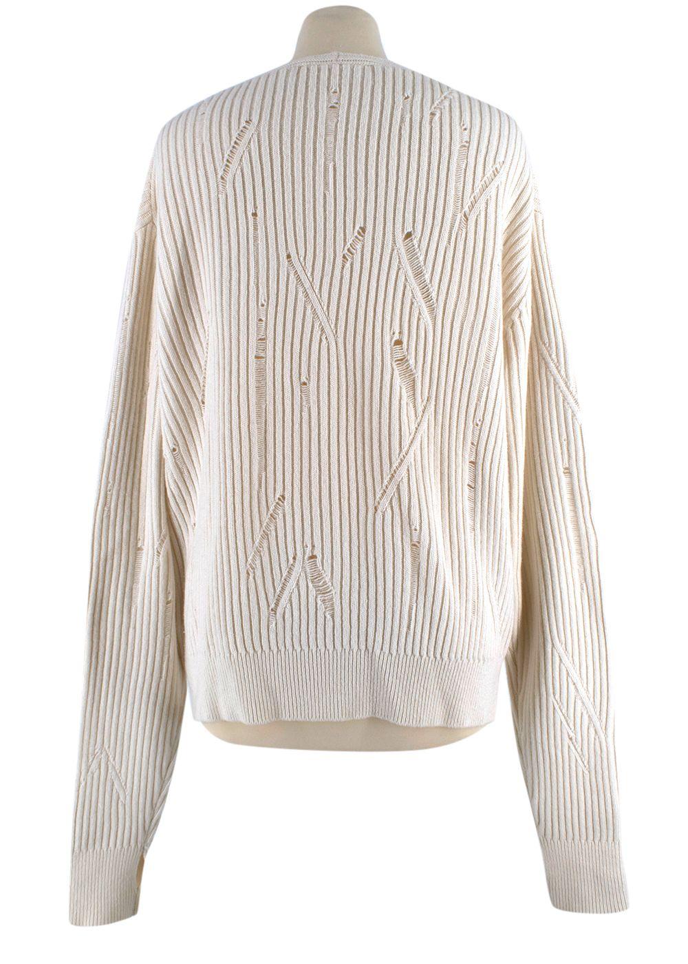 Helmut Lang Ivory Distressed V-Neck Wool Sweater