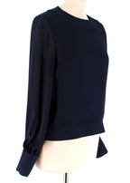 Oscar de la Renta Navy Blue Blouse with Large Rose Button Cuffs