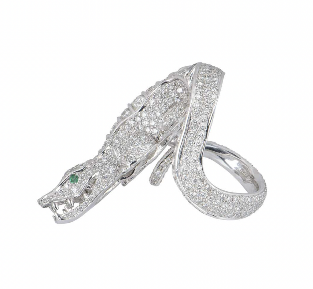 18ct white gold, diamond & emerald alligator dress ring 5.75ct 63.5EU