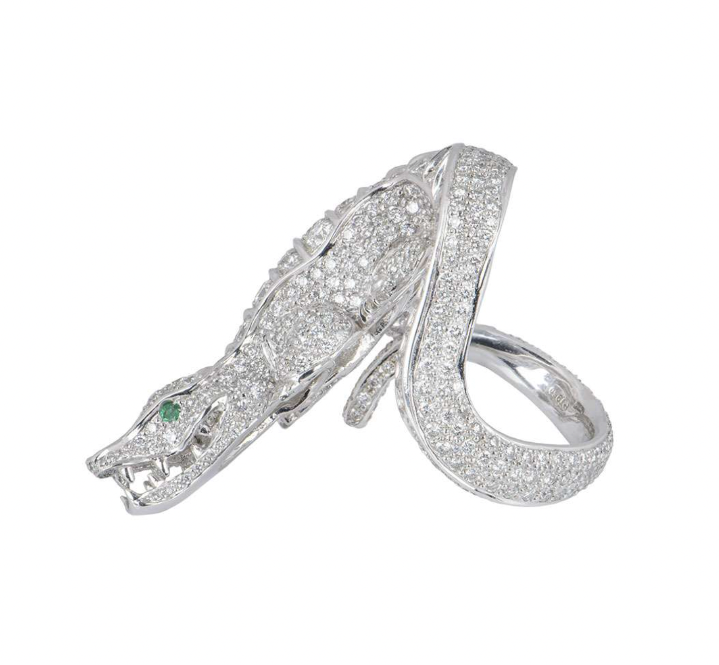18ct white gold, diamond & emerald alligator dress ring 5.75ct 63.5EU