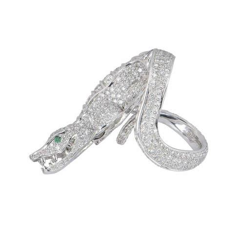 18ct white gold, diamond & emerald alligator dress ring 5.75ct 63.5EU