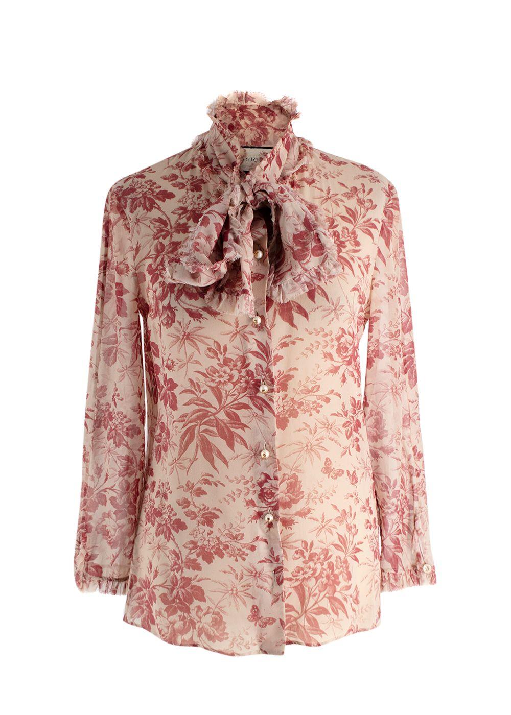 Gucci Floral Print Sheer Pussybow Silk Blouse
