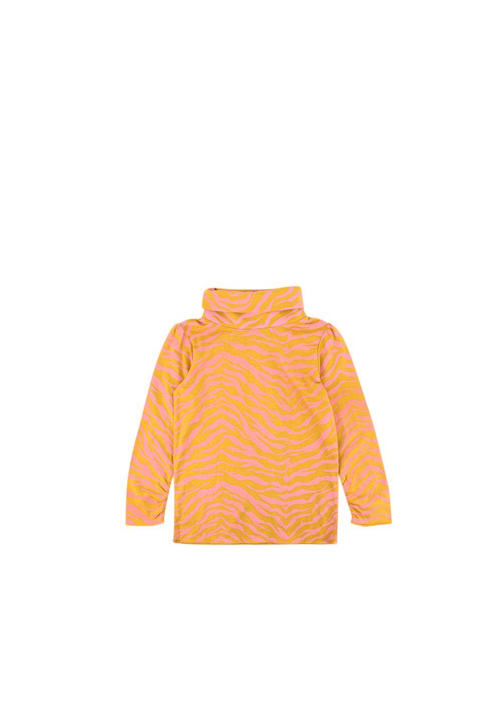 Orange And Pink Cotton Tiger Print Polo -Neck Top