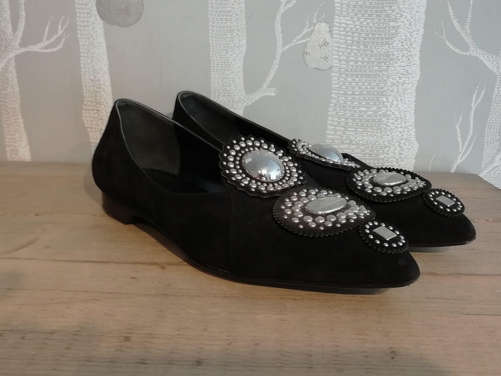 Black Embellished Suede Ballerinas