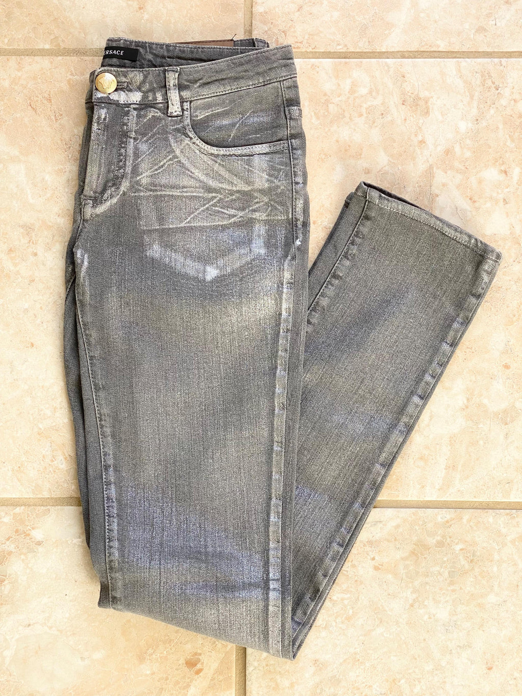 Grey silver coated straight leg jeans