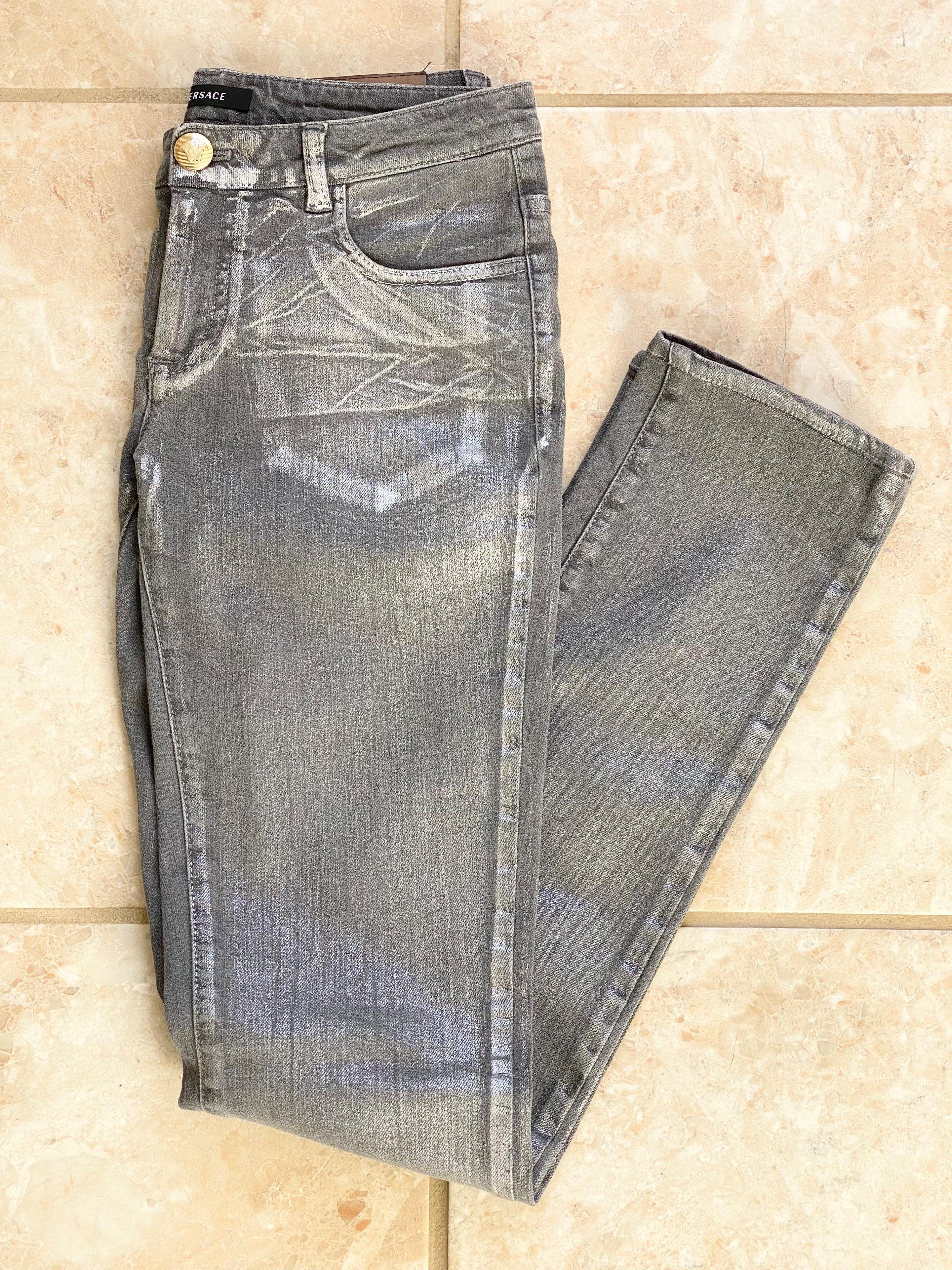 Grey silver coated straight leg jeans