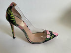 floral satin & PVC Plexi heeled pumps