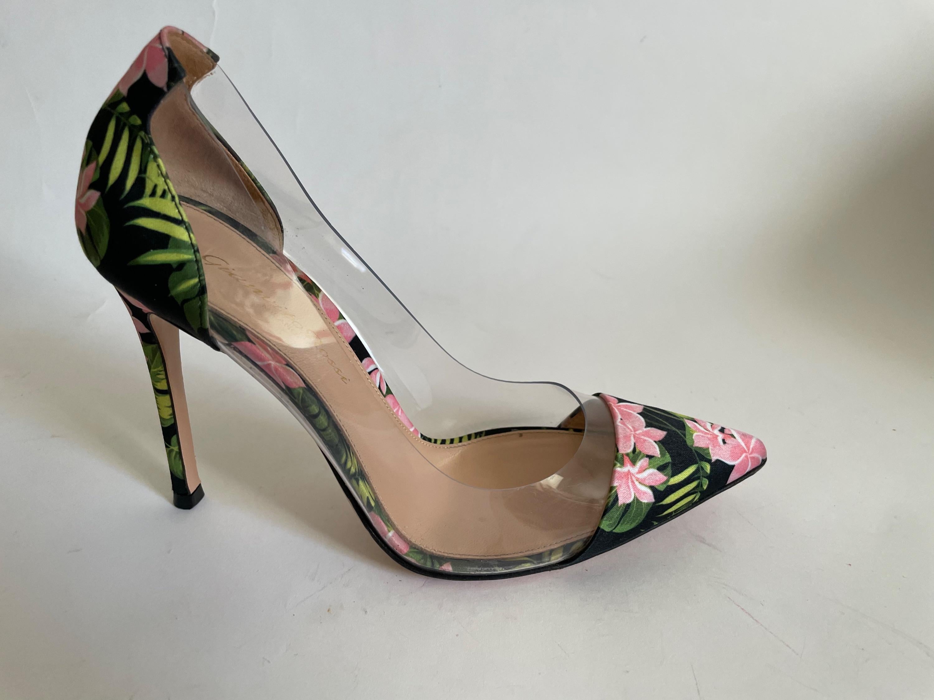 floral satin & PVC Plexi heeled pumps