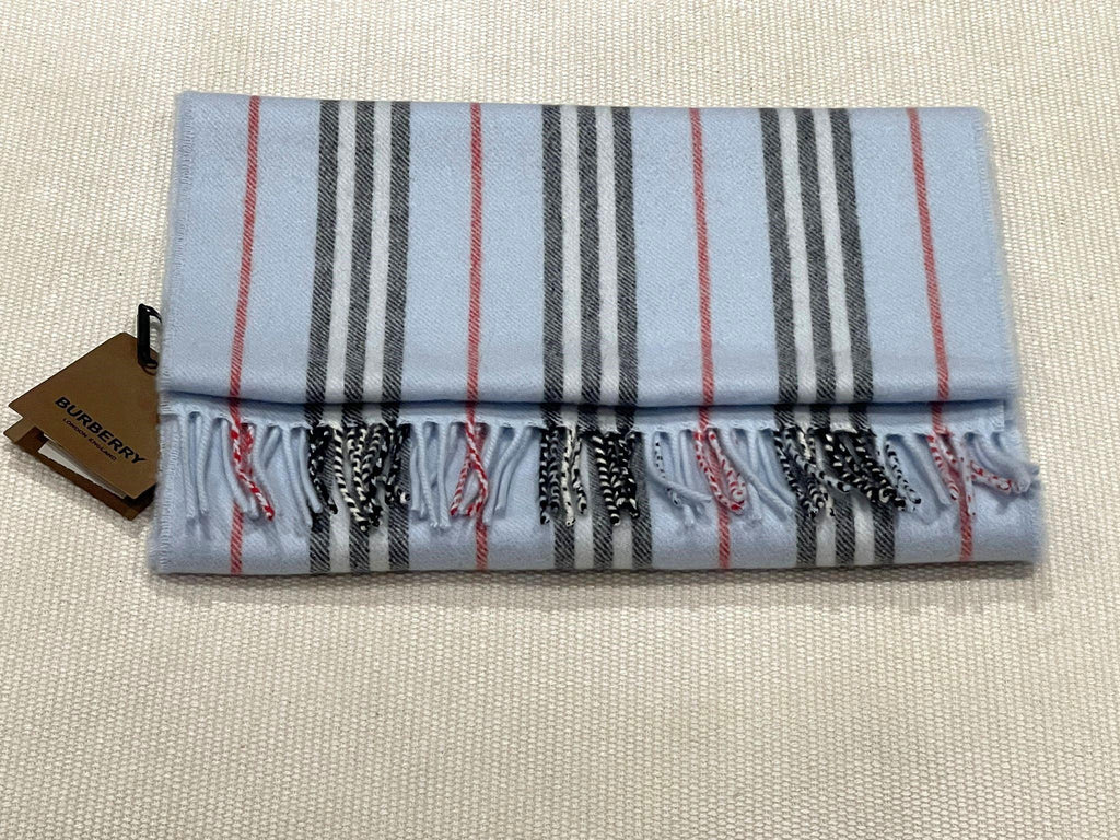 Burberry Blue Cashmere Blend Striped Scarf