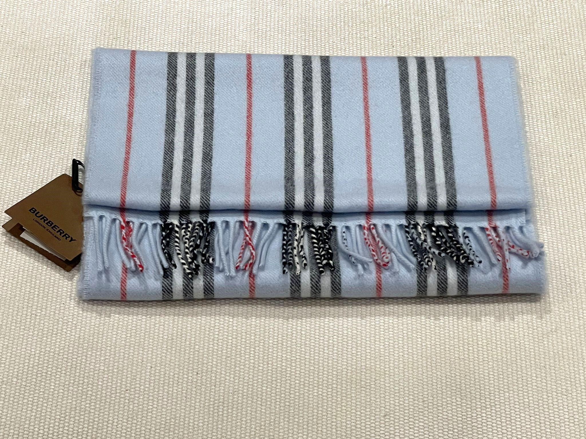 Burberry Blue Cashmere Blend Striped Scarf