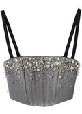 Miu Miu Grey Embellished Denim Cropped Top