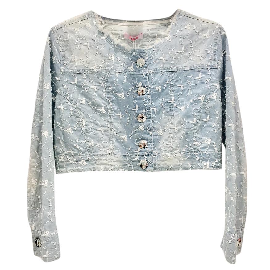 Blumarine Filigree Embroidered Pale Blue Cropped Jacket