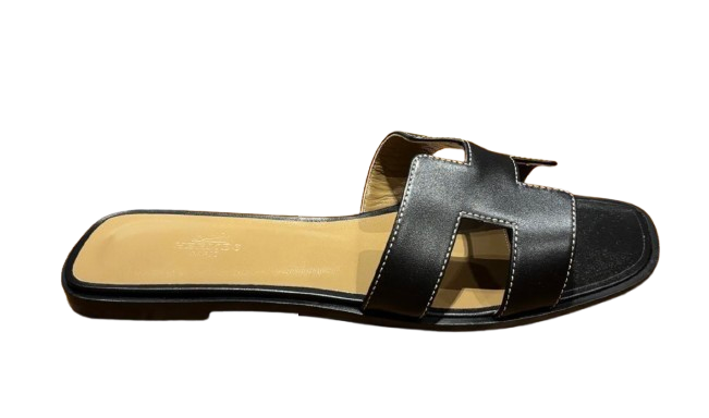 Hermes Black Leather Oran Sandals