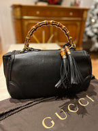 Black Leather Bamboo Top Handle Bag