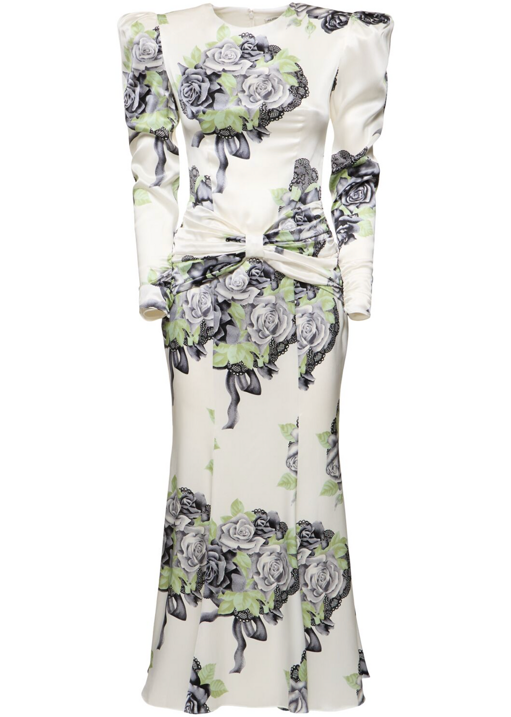 Alessandra Rich Silk Satin Rose Print Midi Dress