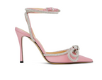 Double Bow Crystal Embellished Pink Satin Pumps