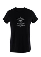 black t-shirt with white front logo