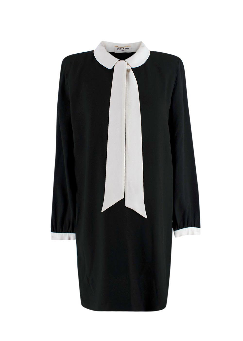 Saint Laurent Black Peter Pan Collar Mini Dress with Neck Tie Detail