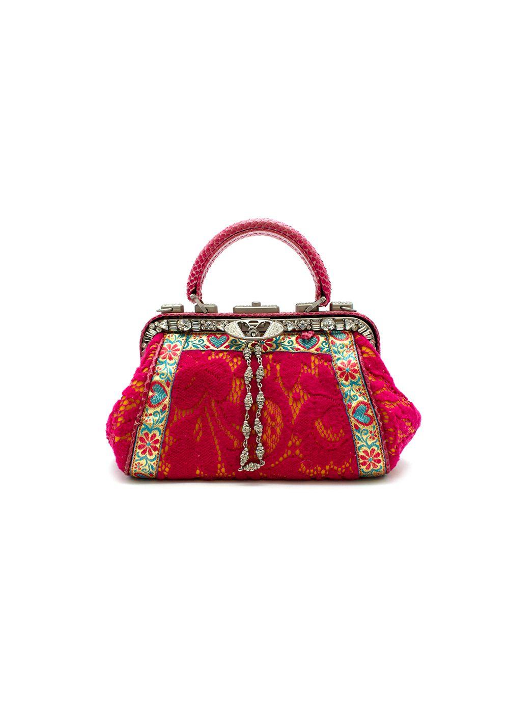 Vintage Embellished Pink Lace and Snake Skin Handbag