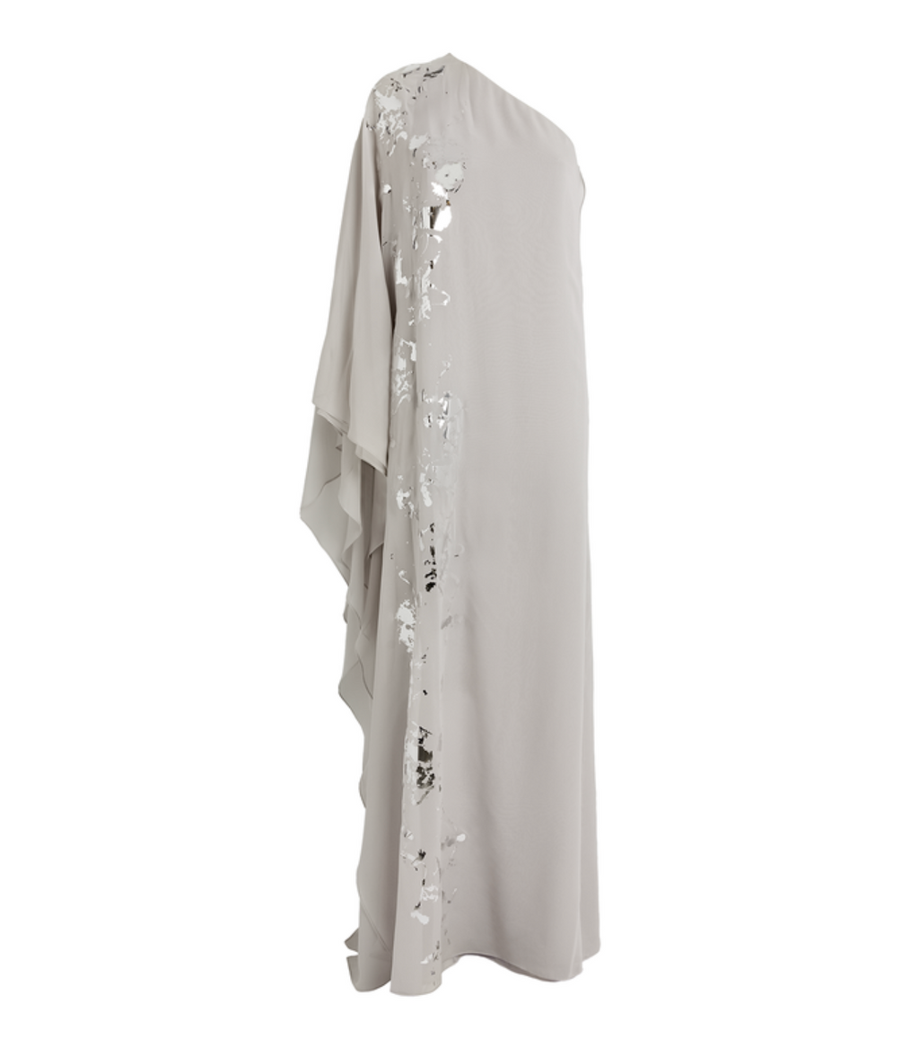 Kolston Metallic Foiled One-Shoulder Silk Chiffon Caftan Gown