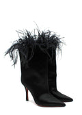 Amina Muaddi Black Satin Boots with Feather Detailing