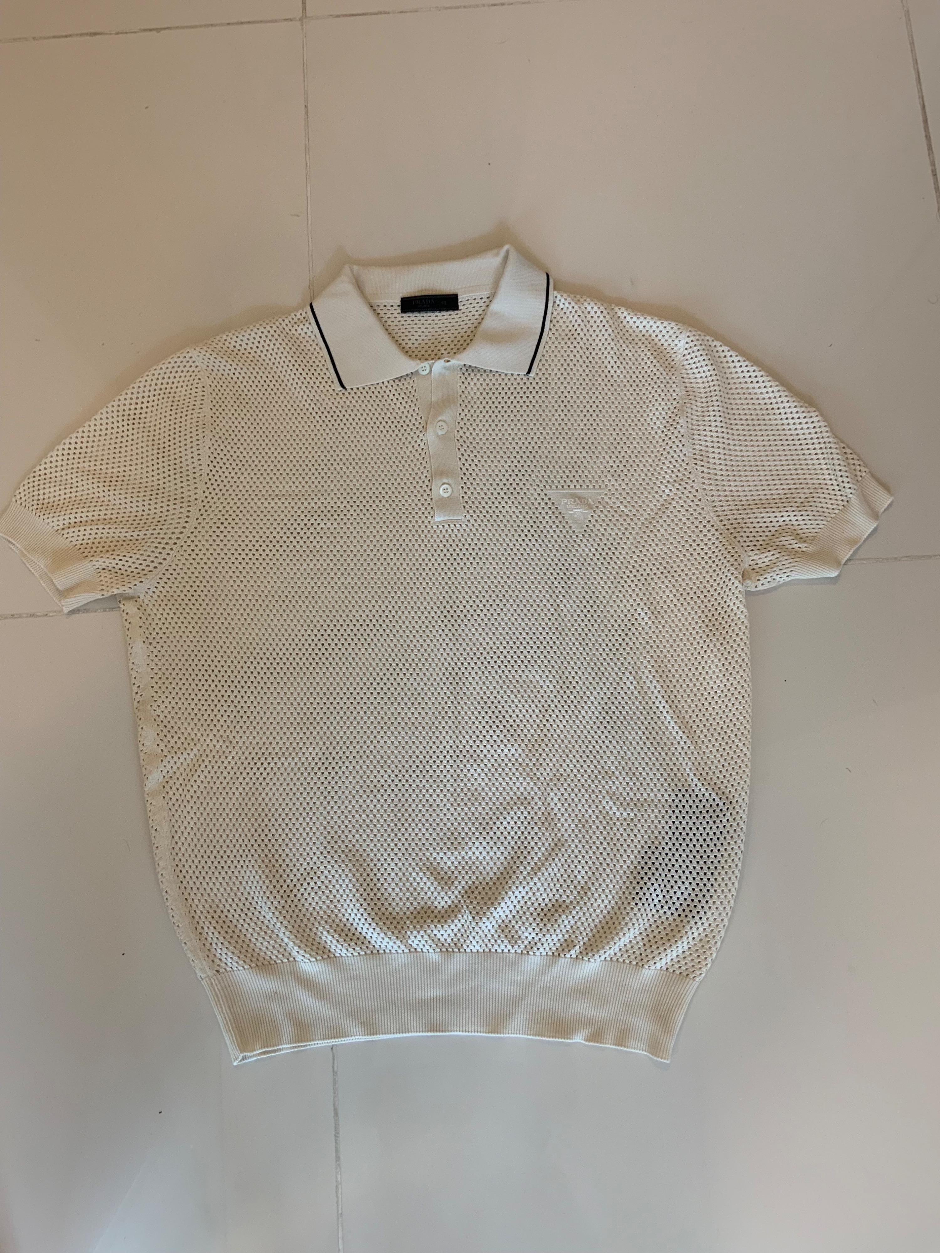 Prada Cream Mesh Knit Polo Shirt