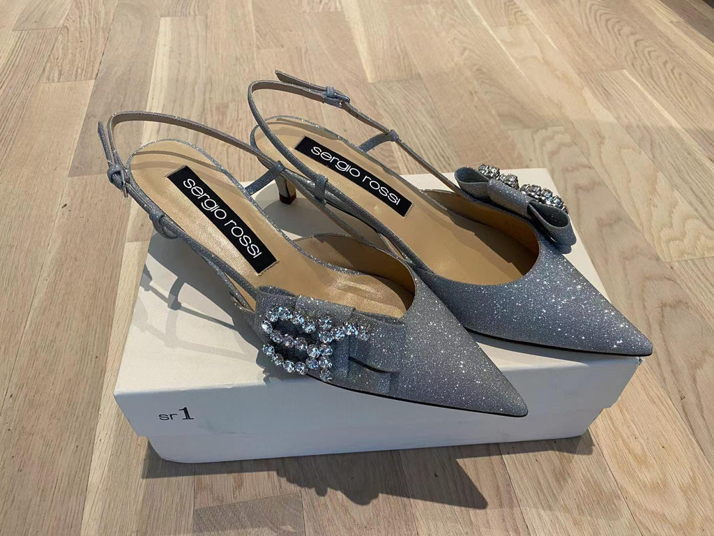 Silver glitter & crystal slingback heeled pumps