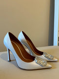 Amina Muaddi White Leather Camelia Pumps