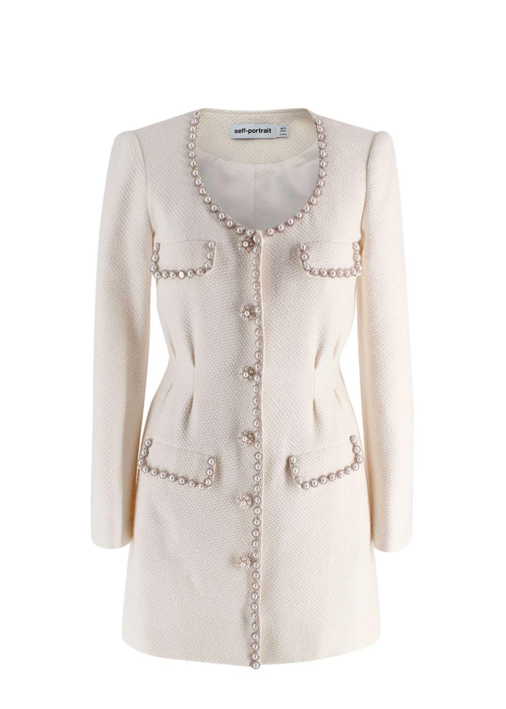 Self Portrait Cream Tweed Faux Pearl Embellished Mini Dress