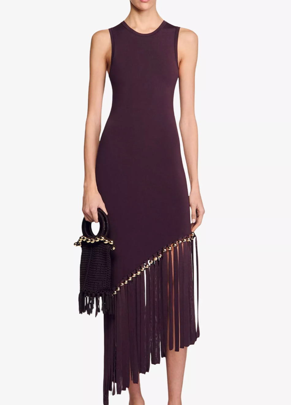 Sandro Sleeveless Fringed-Hem Knitted Midi Dress