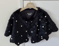 Faux Pearl Studded Black Rabbit Fur Cape
