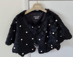 Faux Pearl Studded Black Rabbit Fur Cape