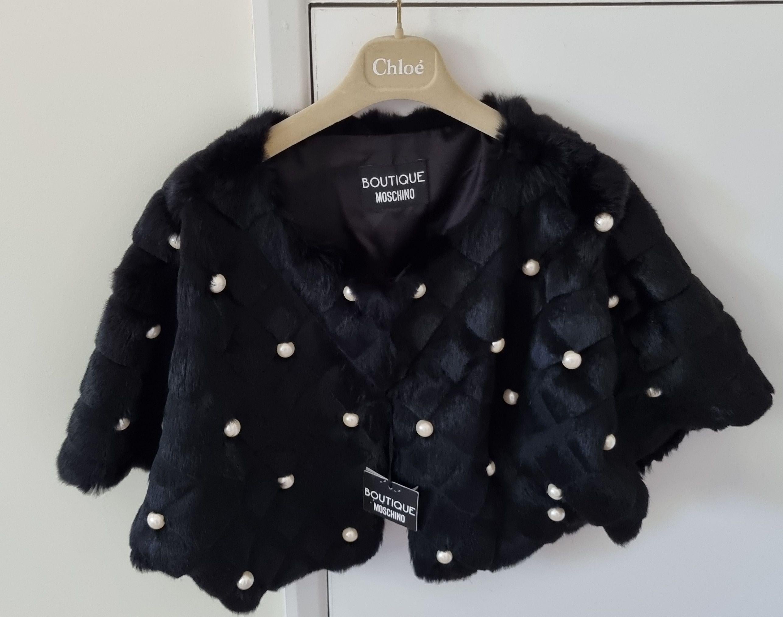 Faux Pearl Studded Black Rabbit Fur Cape